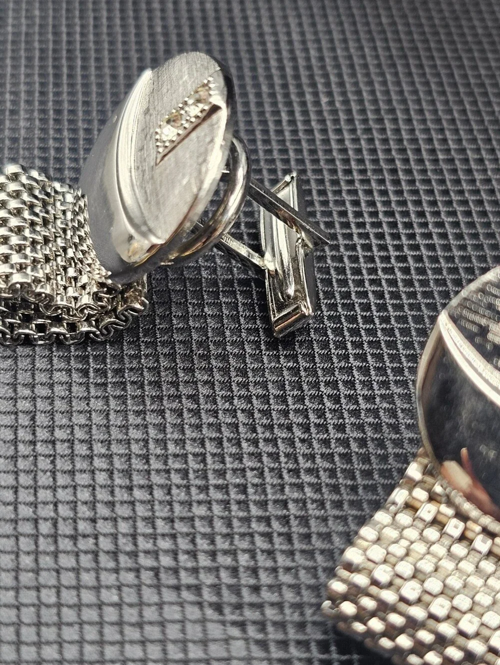 Vintage Silver Tone Cufflinks with Rhinestone Accents and Mesh Detailing